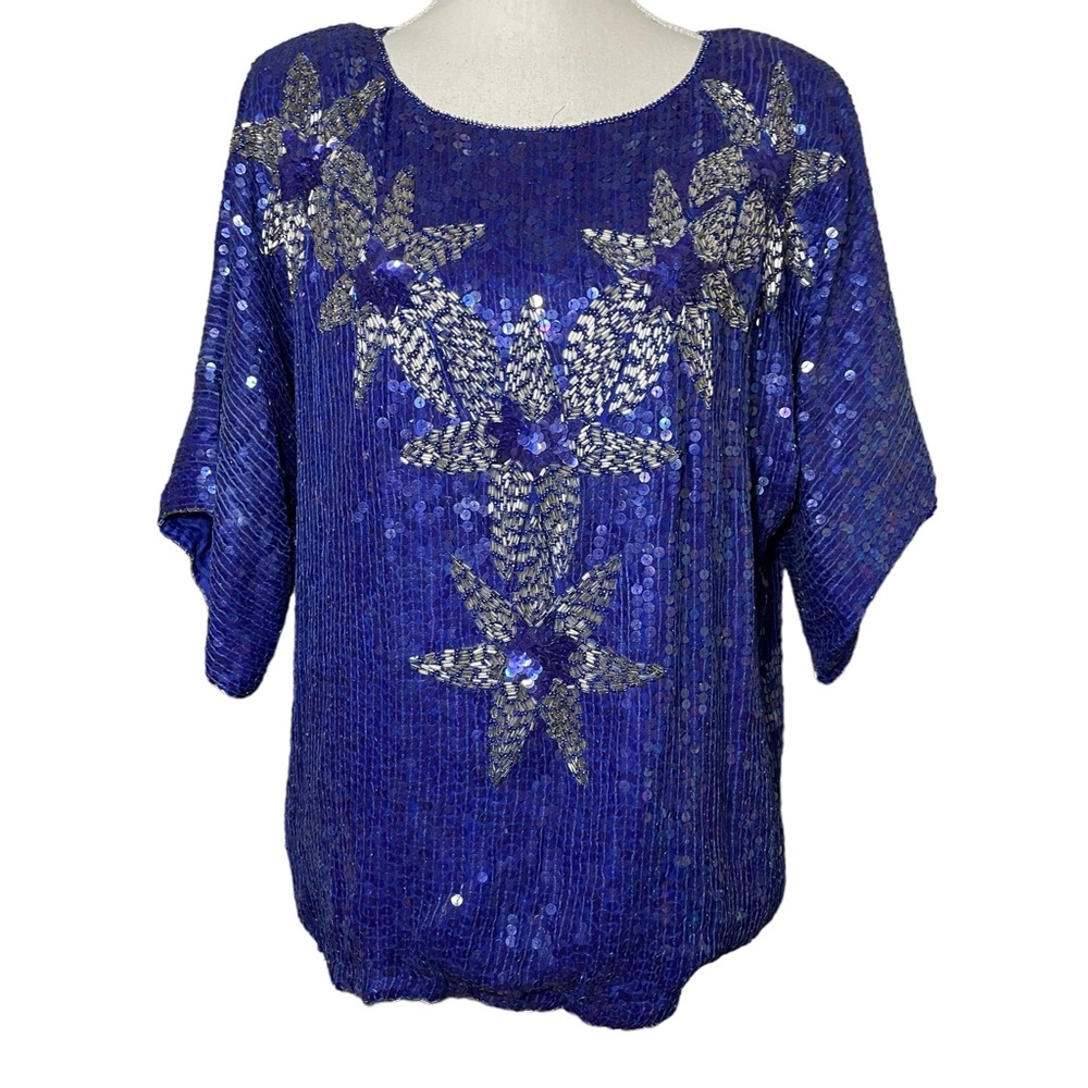 Silk Beaded Sequin Top Dolman Floral Cobalt Blue Floral Embellished Short Sleeve